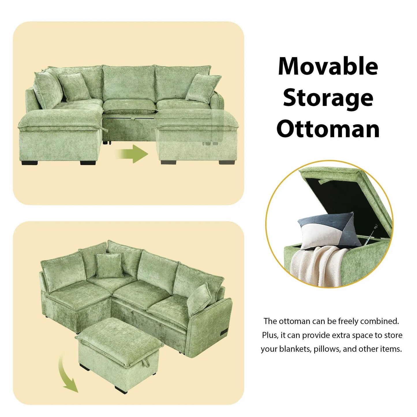 Convertible sleeper sectional sofa with storage ottoman in green fabric, two pillows on Tampa Home & Garden Store