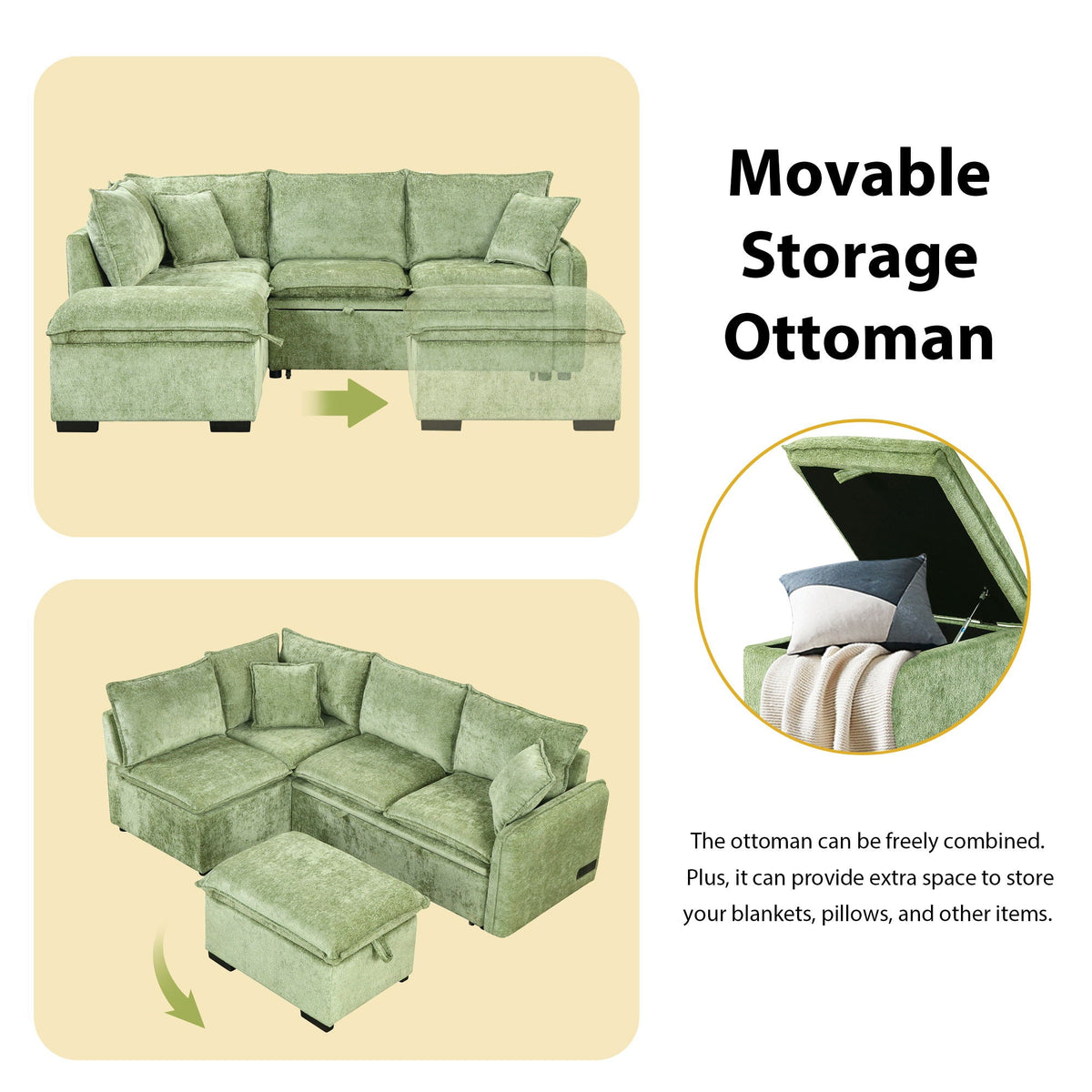 HouseOfZazla green convertible sleeper sectional with storage ottoman and two pillows on Tampa Home & Garden Store