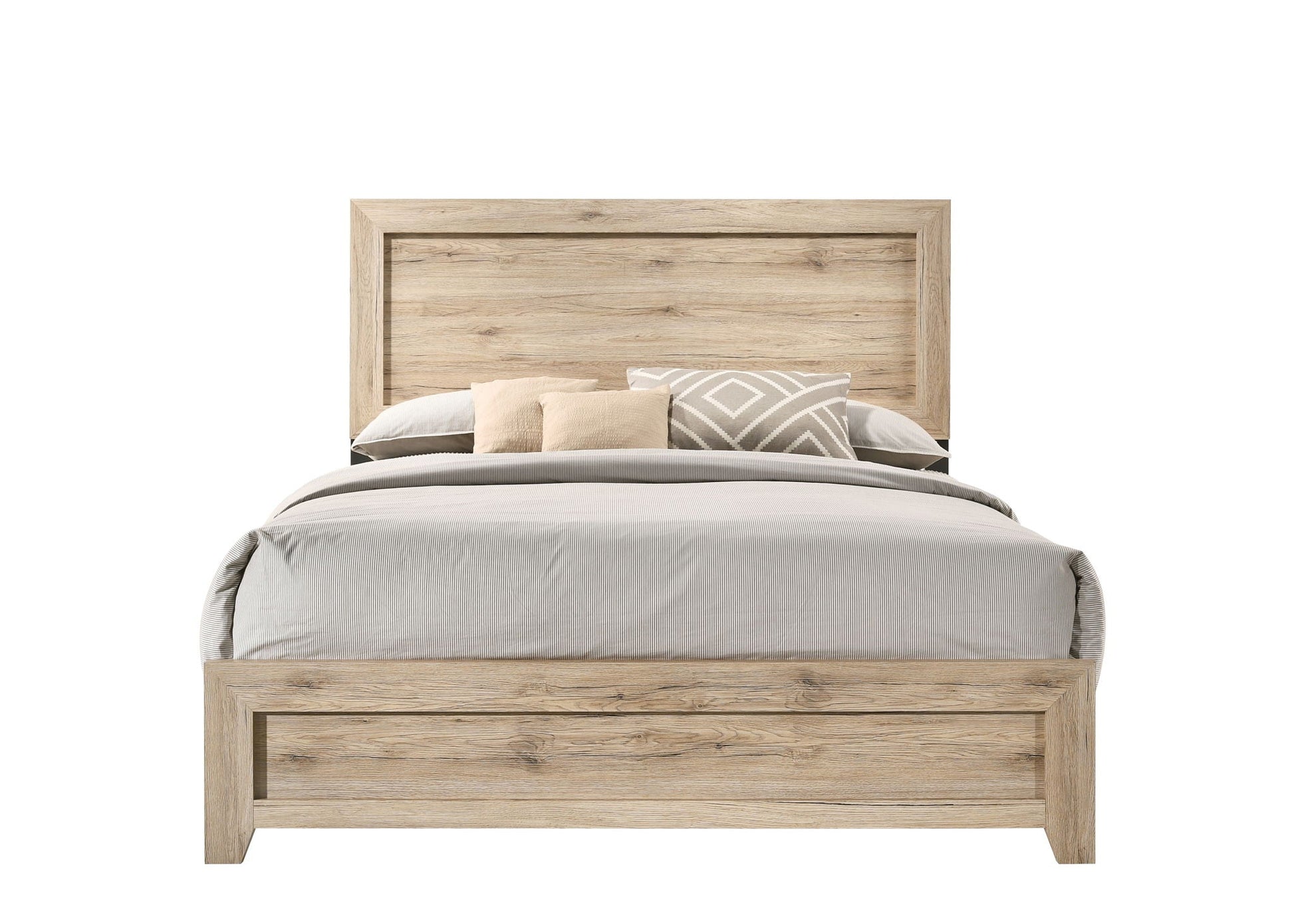 Miquell Panel Bed natural oak finish paneled headboard and wide frame on Tampa Home & Garden Store