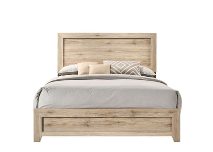 Miquell Panel Bed natural oak finish paneled headboard and wide frame on Tampa Home & Garden Store