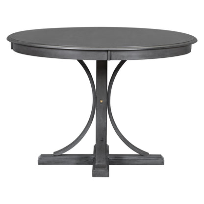TREXM Five Piece Retro Round Dining Table Set with Curved Brackets and 4 Restaurant Cushioned Chairs (Dark Gray)
