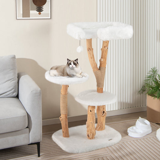 44 Inch Solid Wood Cat Tree with Perch and Natural Jute Scratching Posts-White - Tampa Home & Garden Store