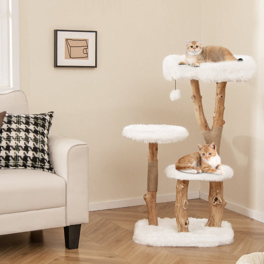 44 Inch Solid Wood Cat Tree with Perch and Natural Jute Scratching Posts-White - Tampa Home & Garden Store