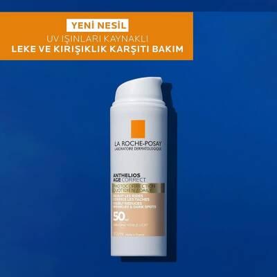 La Roche-Posay Anthelios Age Correct Daily Tinted Cream SPF50+ foundation bottle on blue background on Tampa Home & Garden Store