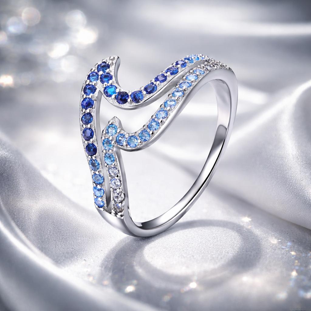Ring 925 Sterling Silver white gold plated CZ with blue stones, women's size 6 on Tampa Home & Garden Store