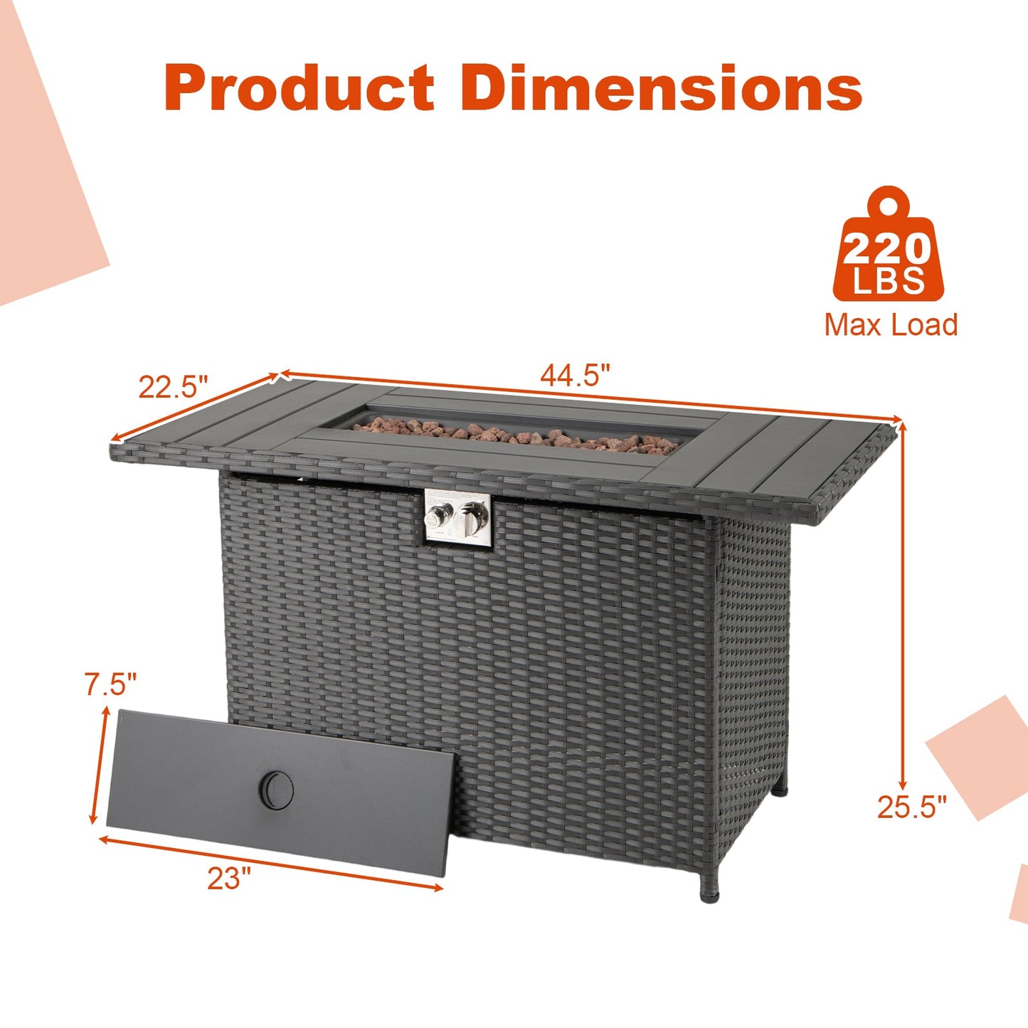 44.5 Inch Propane Fire Pit Table Rattan Gas 2-in-1 with Stainless Steel Burner