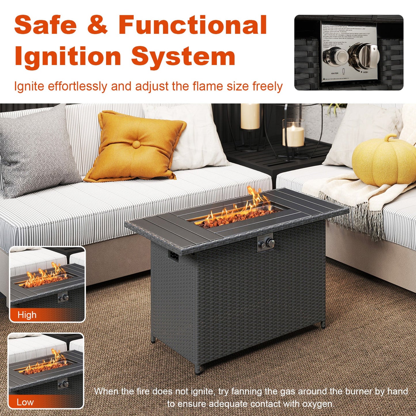 44.5 Inch Propane Fire Pit Table Rattan Gas 2-in-1 with Stainless Steel Burner