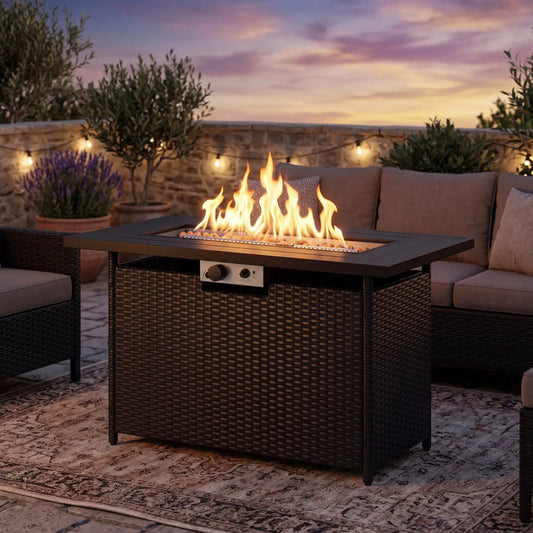 44.5-Inch Propane Fire Pit Table by DirectDeals with 50,000 BTU burner in dark wicker on Tampa Home & Garden Store