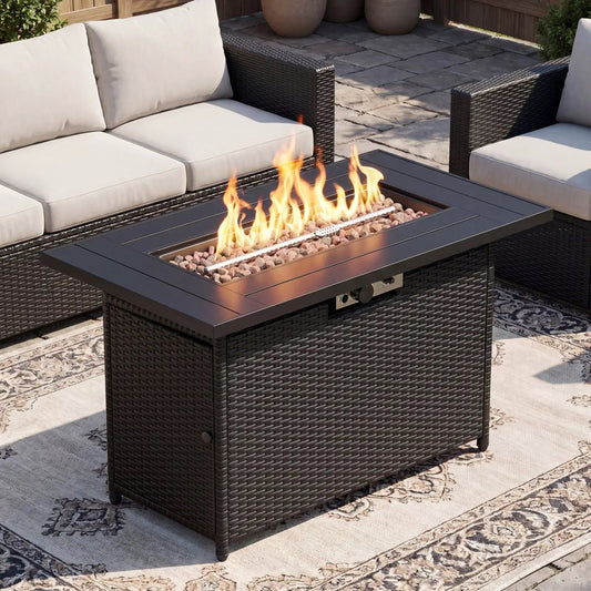 44.5in propane fire pit table by DirectDeals with 50,000 BTU burner in dark wicker on Tampa Home & Garden Store