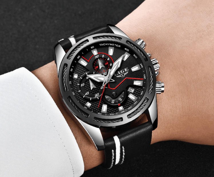 Stevvex waterproof men's watch with leather strap, tachymeter bezel and chronograph subdials on Tampa Home & Garden Store