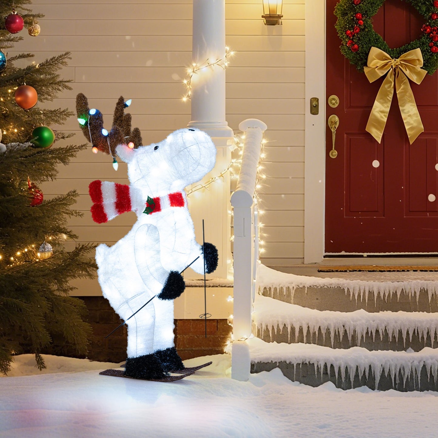 DirectDeals 44in animated skiing reindeer, white lighted figure with red scarf on snowy porch on Tampa Home & Garden Store