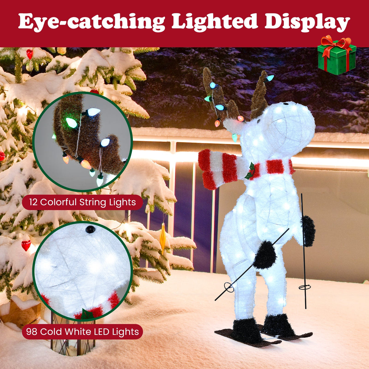 44in Animated Christmas Reindeer Skiing with colorful antler lights and white LEDs on Tampa Home & Garden Store