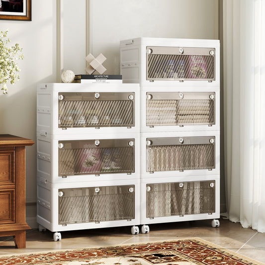 Contenedores de almacenamiento de plástico apilables de 166 litros con tapa para dormitorio o sala de estar, paquete de 4 - Blanco