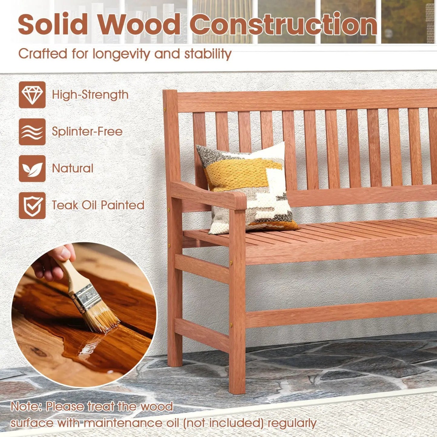 44 Inch Teak Outdoor Bench for Two Adults