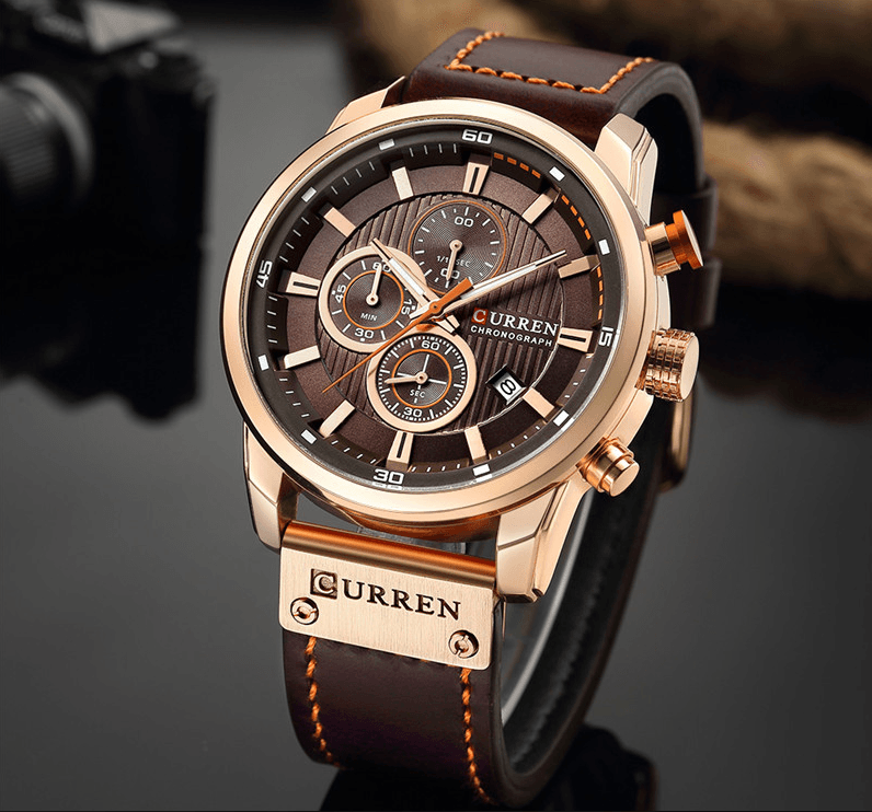 Curren men's leather strap chronograph watch with rose-gold case and day/date display on Tampa Home & Garden Store
