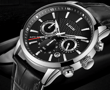 Men's waterproof chronograph watch Stevvex with black dial and leather strap, LIGE logo on dial on Tampa Home & Garden Store