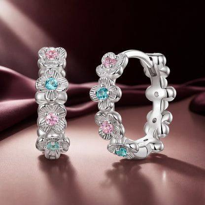 Sterling silver flower-hoop earrings with pink and turquoise CZ stones, white gold plated on Tampa Home & Garden Store