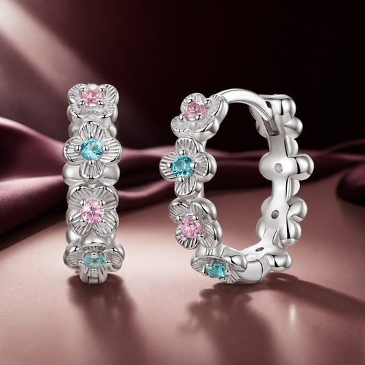 Sterling silver flower-hoop earrings with pink and turquoise CZ stones, white gold plated on Tampa Home & Garden Store