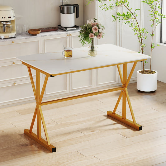 44 Inches Sintered Stone Dining Table with Metal Frame and Faux Marble Tabletop-White - Tampa Home & Garden Store