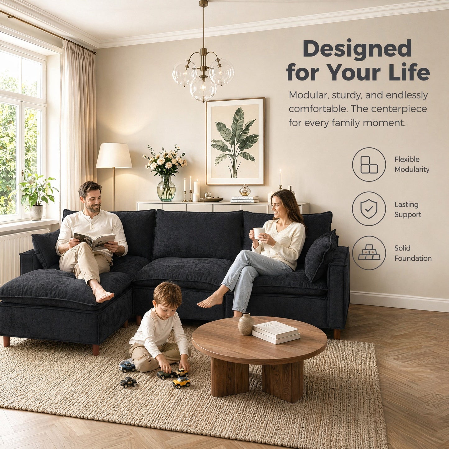 HouseOfZazla 108.5in modular L-shaped sectional sofa with movable ottoman in dark navy fabric on Tampa Home & Garden Store