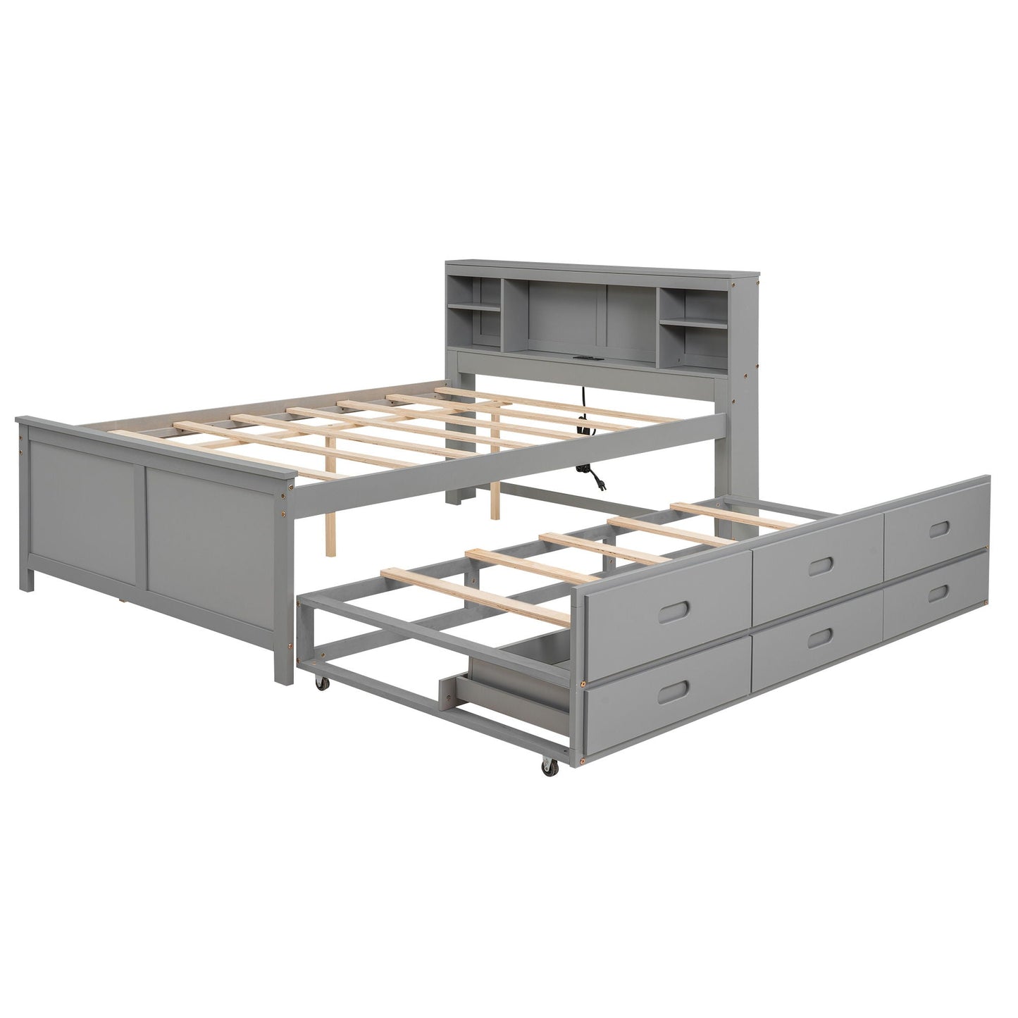Platform bed with storage headboard by HouseOfZazla, gray finish, 3 drawers and trundle on Tampa Home & Garden Store