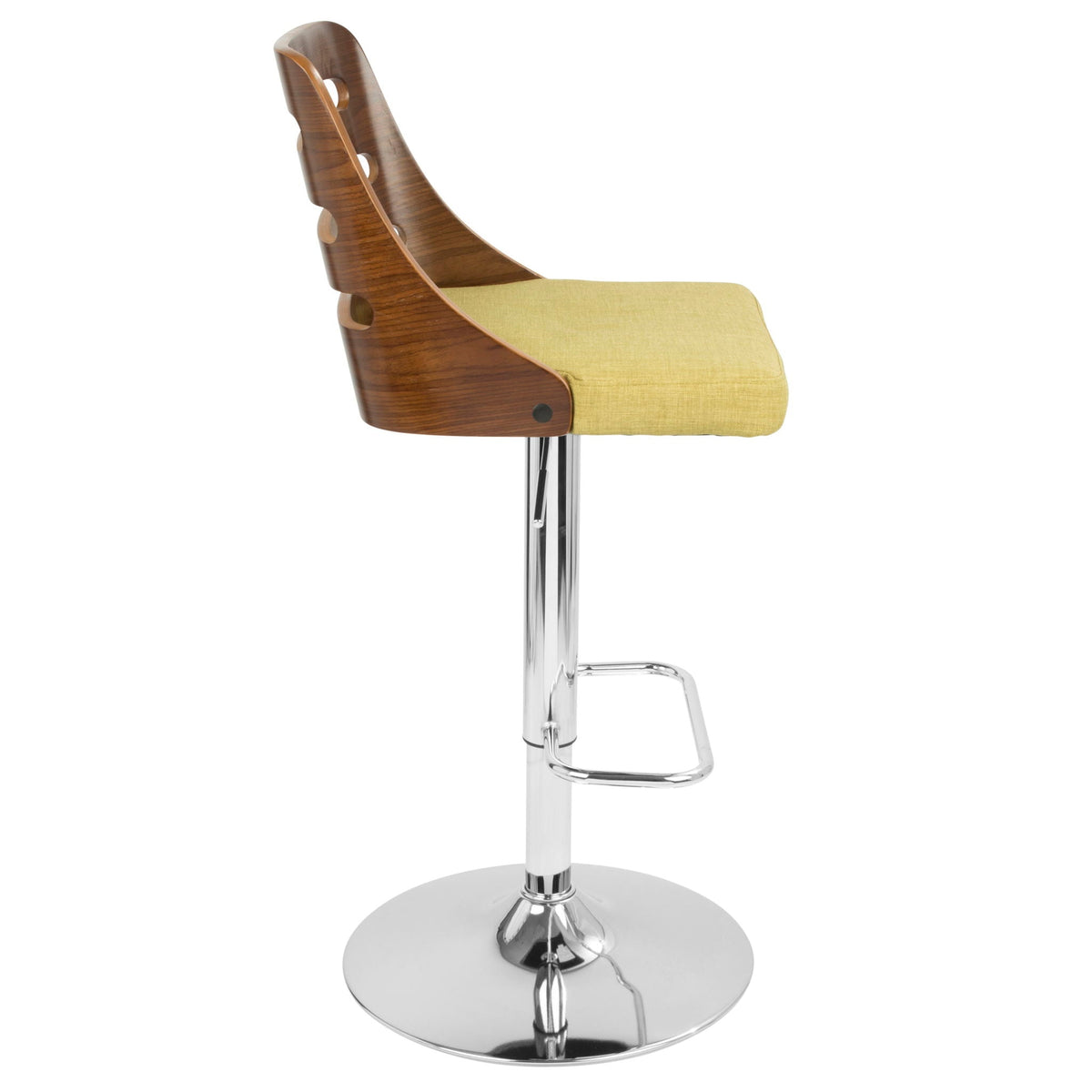 Mid-Century Modern adjustable swivel barstool in green with wood back and chrome base on Tampa Home & Garden Store