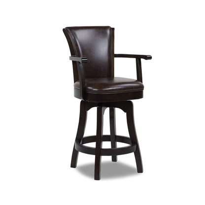 Swivel counter-height bar stool with high backrest, dark brown leather and solid hardwood frame on Tampa Home & Garden Store