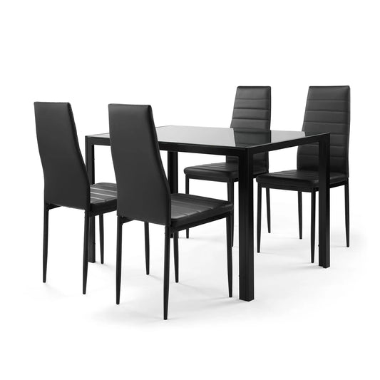 5 Piece Dining Set with tempered glass table and 4 black faux leather chairs on Tampa Home & Garden Store