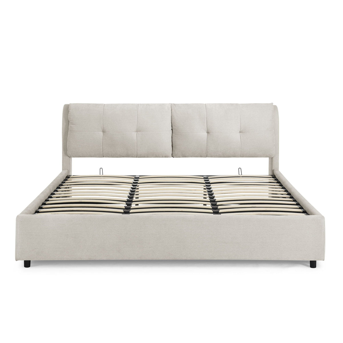 Storage upholstered hydraulic platform bed with beige tufted headboard and slatted base on Tampa Home & Garden Store