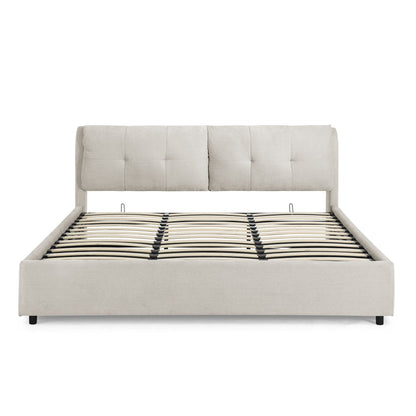 Storage upholstered hydraulic platform bed with beige tufted headboard and slatted base on Tampa Home & Garden Store