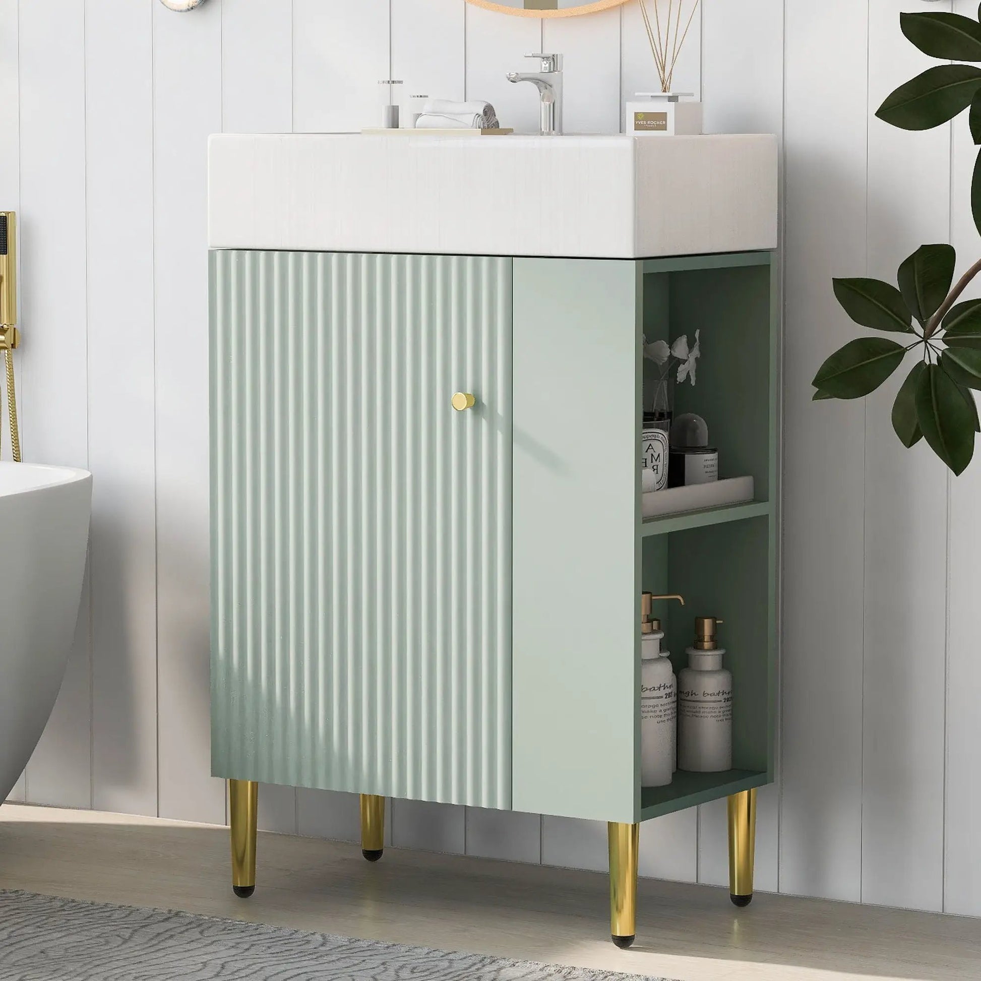 Bathroom vanity with single ceramic sink; mint green ribbed front, smooth side panel, gold legs on Tampa Home & Garden Store