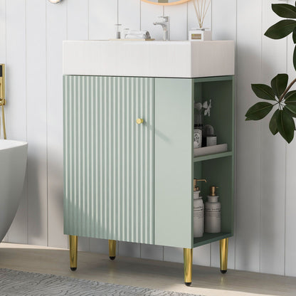 HouseOfZazla bathroom vanity with white ceramic sink, mint ribbed cabinet and gold legs on Tampa Home & Garden Store