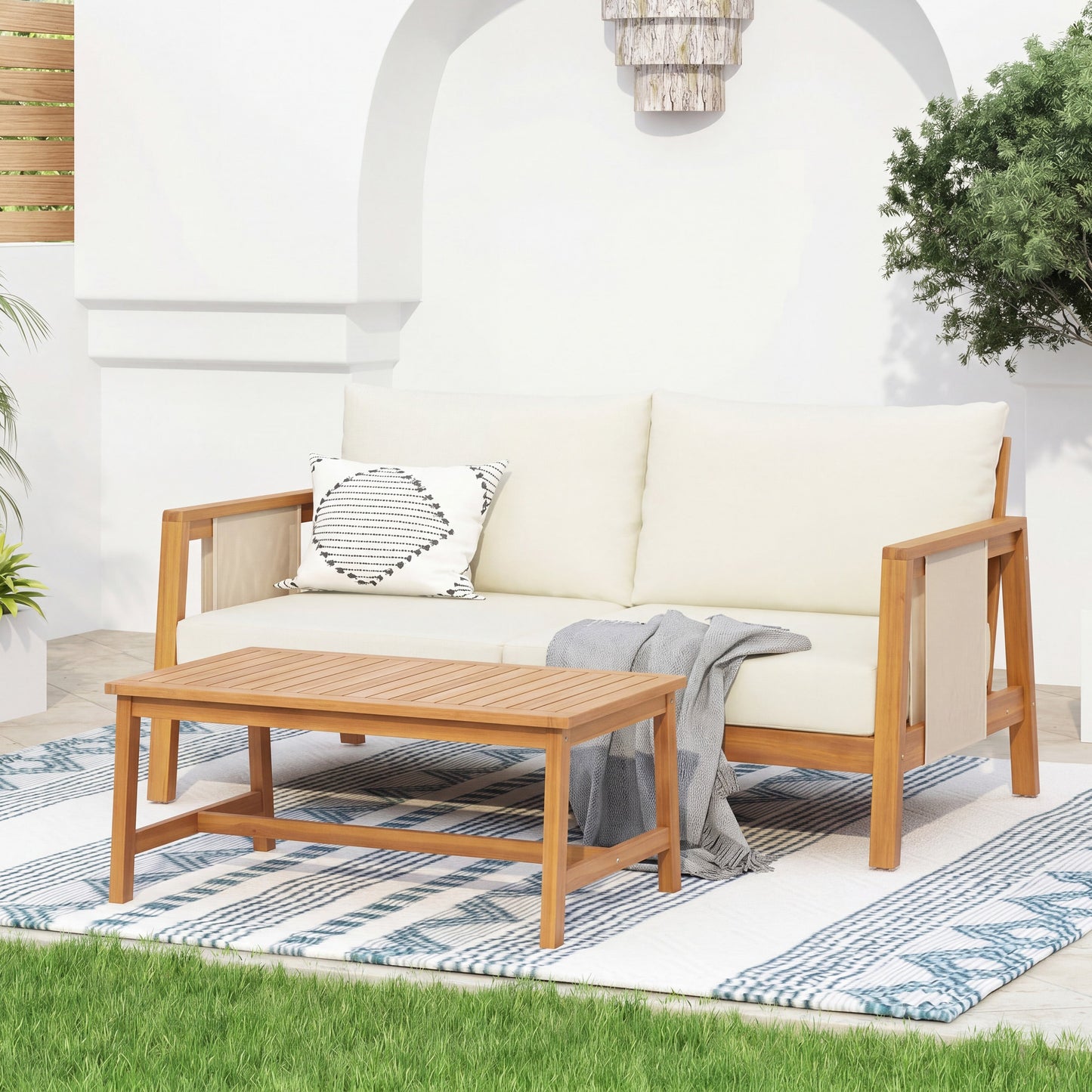 Outdoor Acacia Wood Loveseat and Coffee Table Set