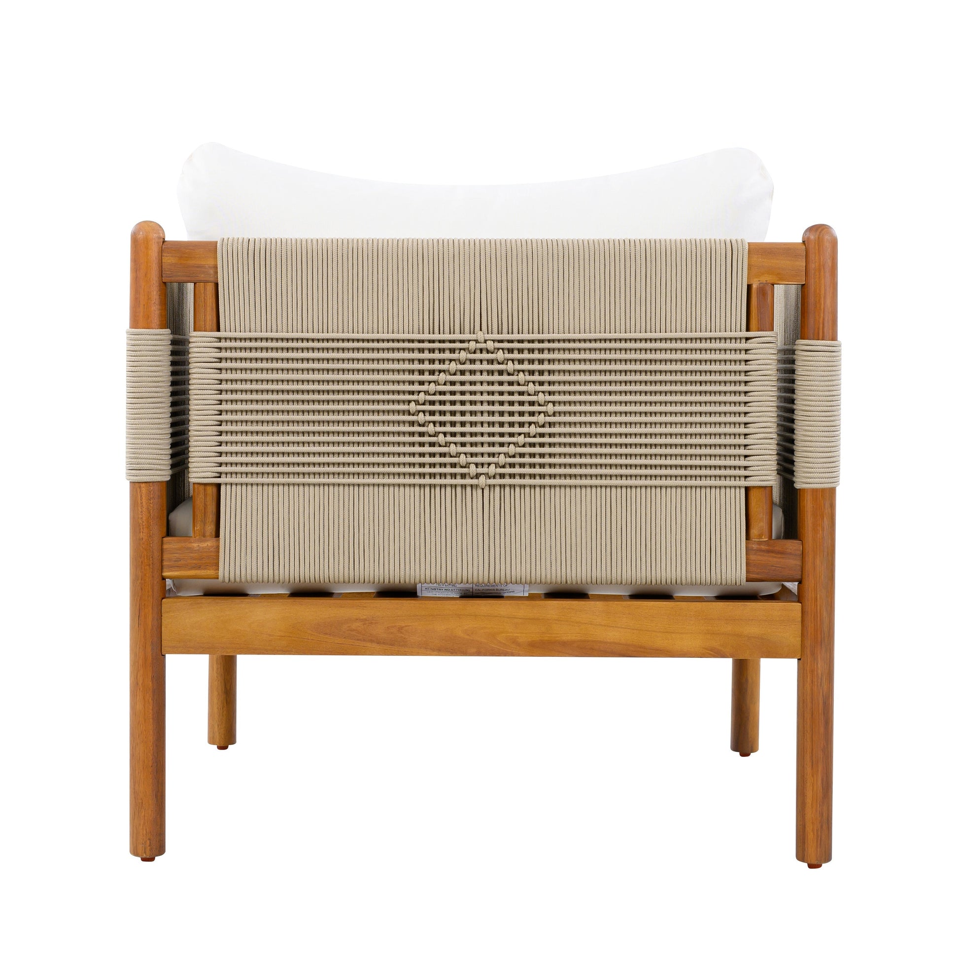 Outdoor Acacia Wood Club Chair with diamond rope weave, white cushions, teak finish on Tampa Home & Garden Store