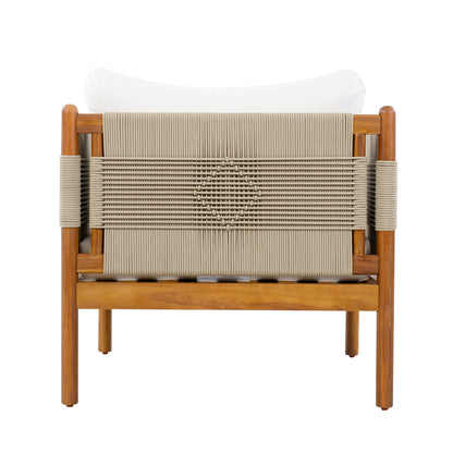 Outdoor Acacia Wood Club Chair with diamond rope weave, white cushions, teak finish on Tampa Home & Garden Store