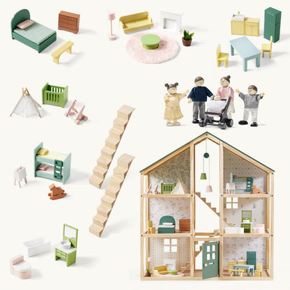 Dollhouse set Tiny Land INC Sweetwood Evergreen with wooden dolls and pastel furniture on Tampa Home & Garden Store