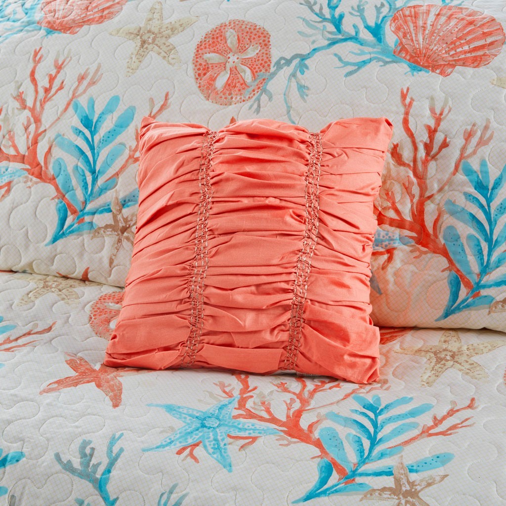 Cotton sateen coral quilt set with ruched pillow on sea-life print quilt Full/Queen on Tampa Home & Garden Store