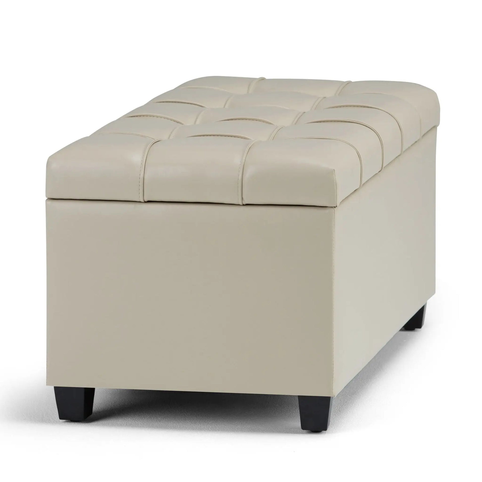 Sienna Upholstered Storage Ottoman Bench in beige leather with tufted top and dark legs on Tampa Home & Garden Store