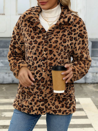 Stevvex leopard print fuzzy button-up jacket with drop shoulders on Tampa Home & Garden Store