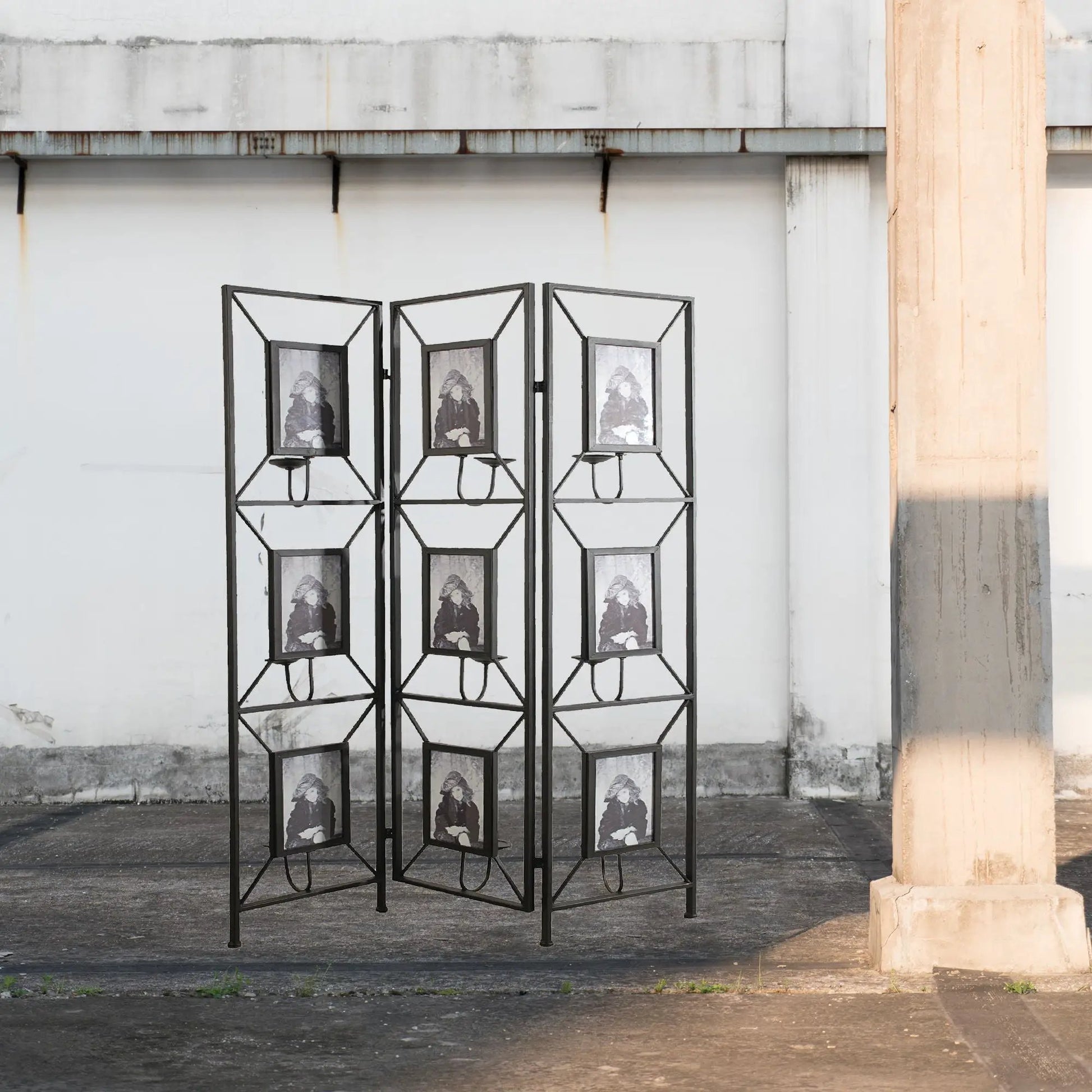 Three-panel black metal room divider with geometric photo-frame inserts on Tampa Home & Garden Store