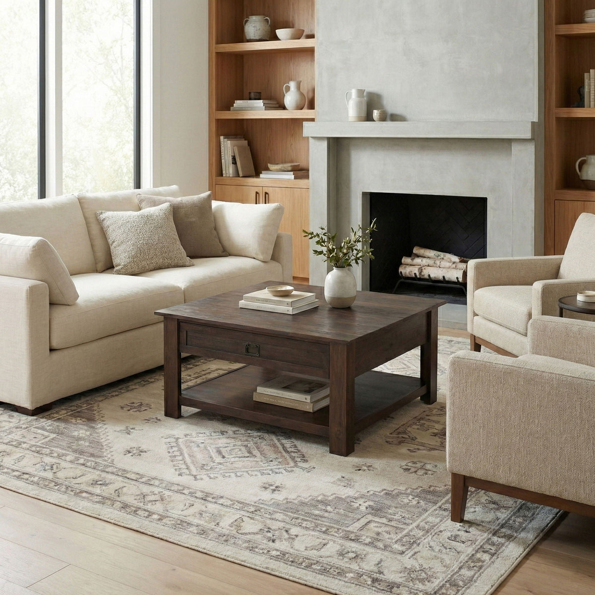 Monroe solid acacia side table in dark wood in a living room beside a beige sofa and fireplace on Tampa Home & Garden Store