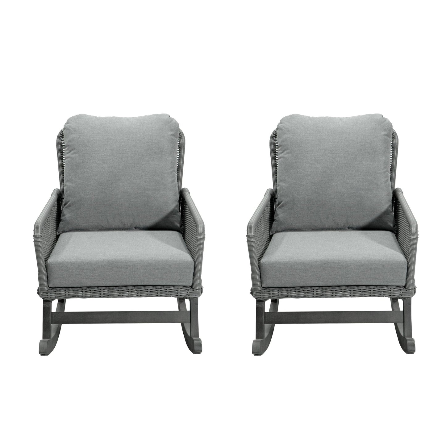Contemporary minimalist wicker rocking chair set with soft gray cushions, 2 chairs on Tampa Home & Garden Store