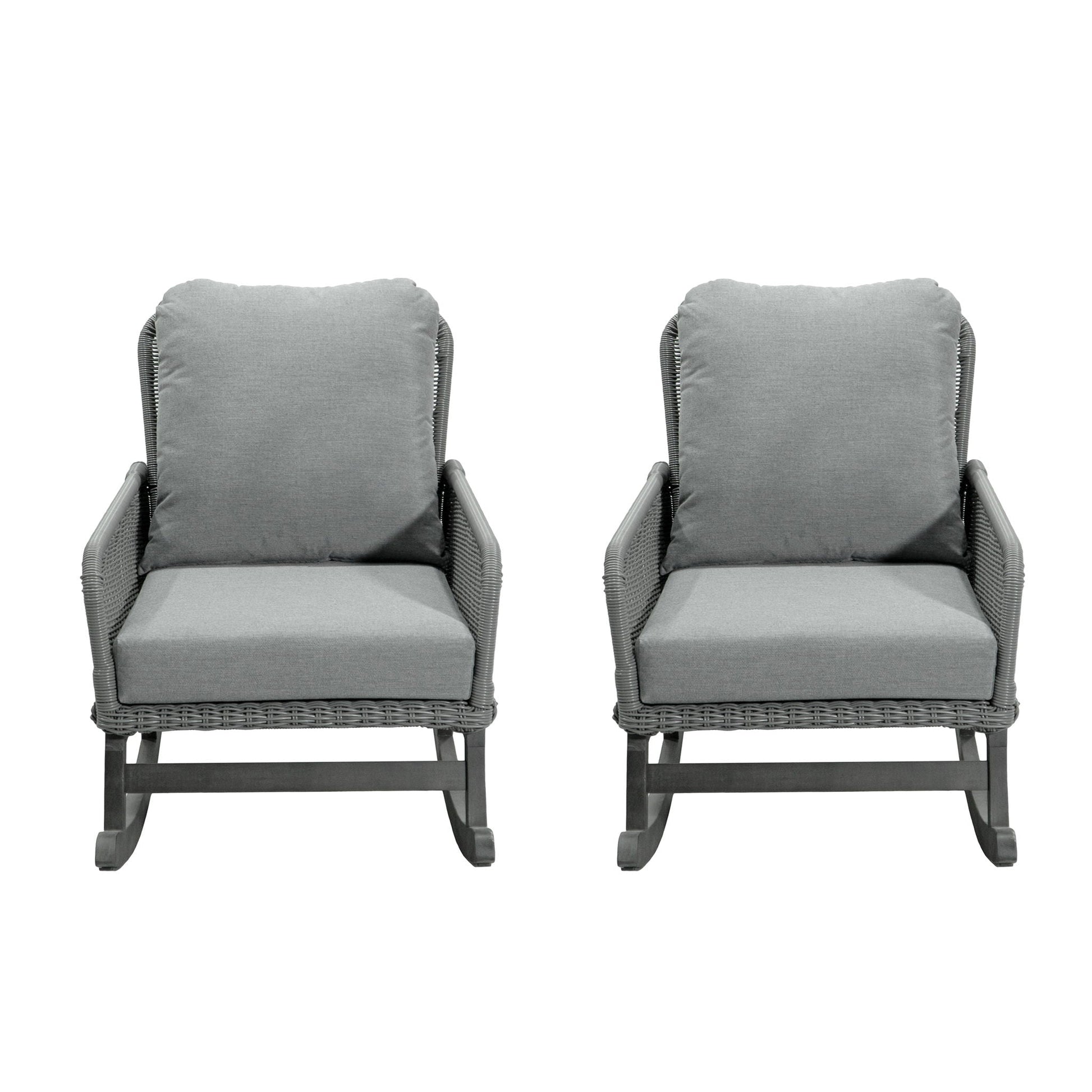 Contemporary minimalist wicker rocking chair set with soft gray cushions, 2 chairs on Tampa Home & Garden Store