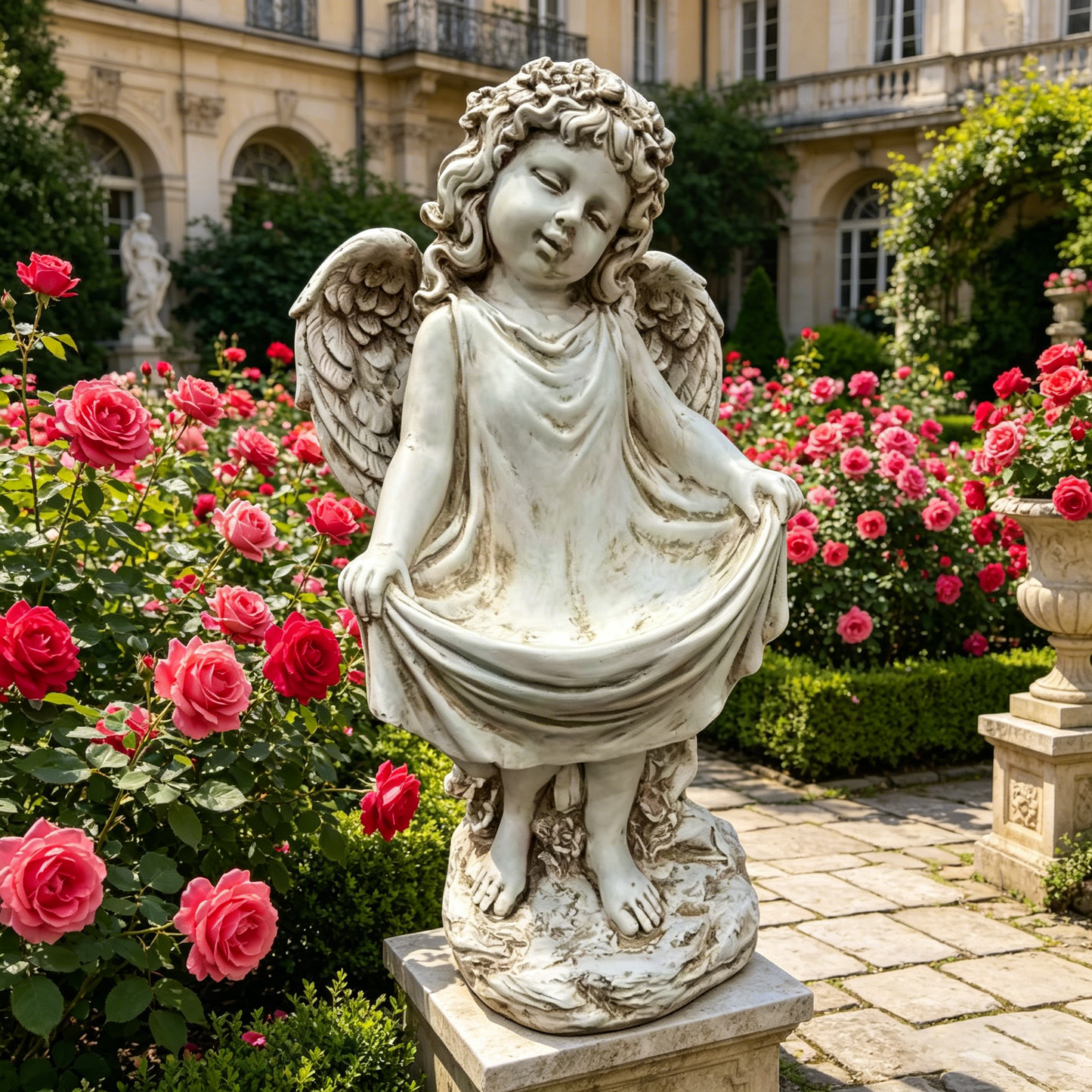 Weathered angel cherub garden statue 21.06in tall by HouseOfZazla in a rose garden on Tampa Home & Garden Store