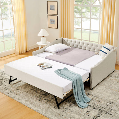 Upholstered gray daybed with tufted back and pull-out trundle, USB charging, HouseOfZazla on Tampa Home & Garden Store