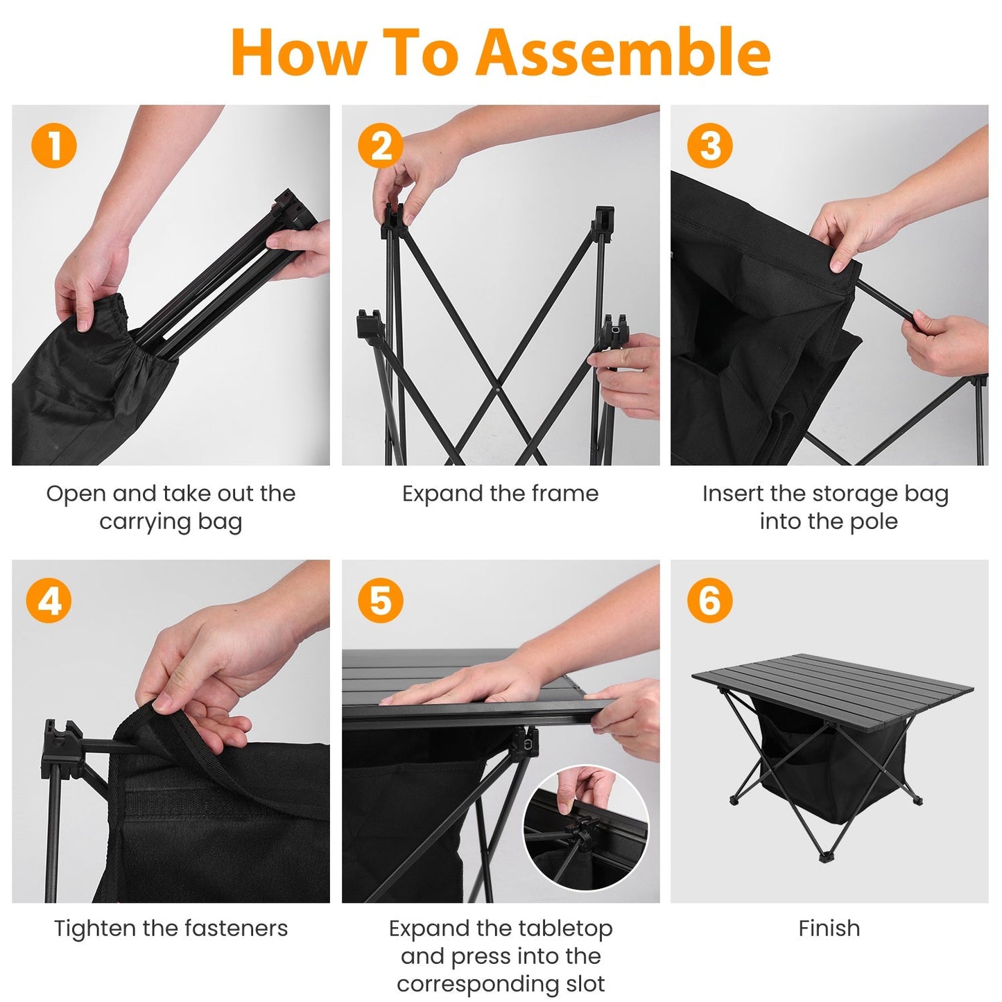 GemGear foldable camping table with basket; rustproof aluminum frame; 6-step assembly collage on Tampa Home & Garden Store