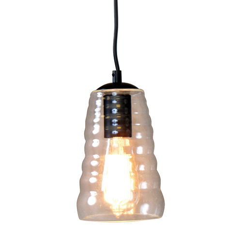 Long industrial pendant light with ribbed clear glass shade and black cord on Tampa Home & Garden Store