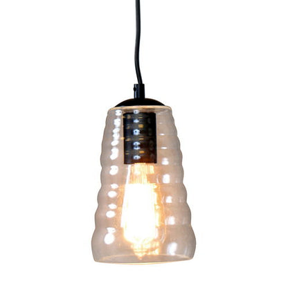 Long industrial pendant light with ribbed clear glass shade and black cord on Tampa Home & Garden Store