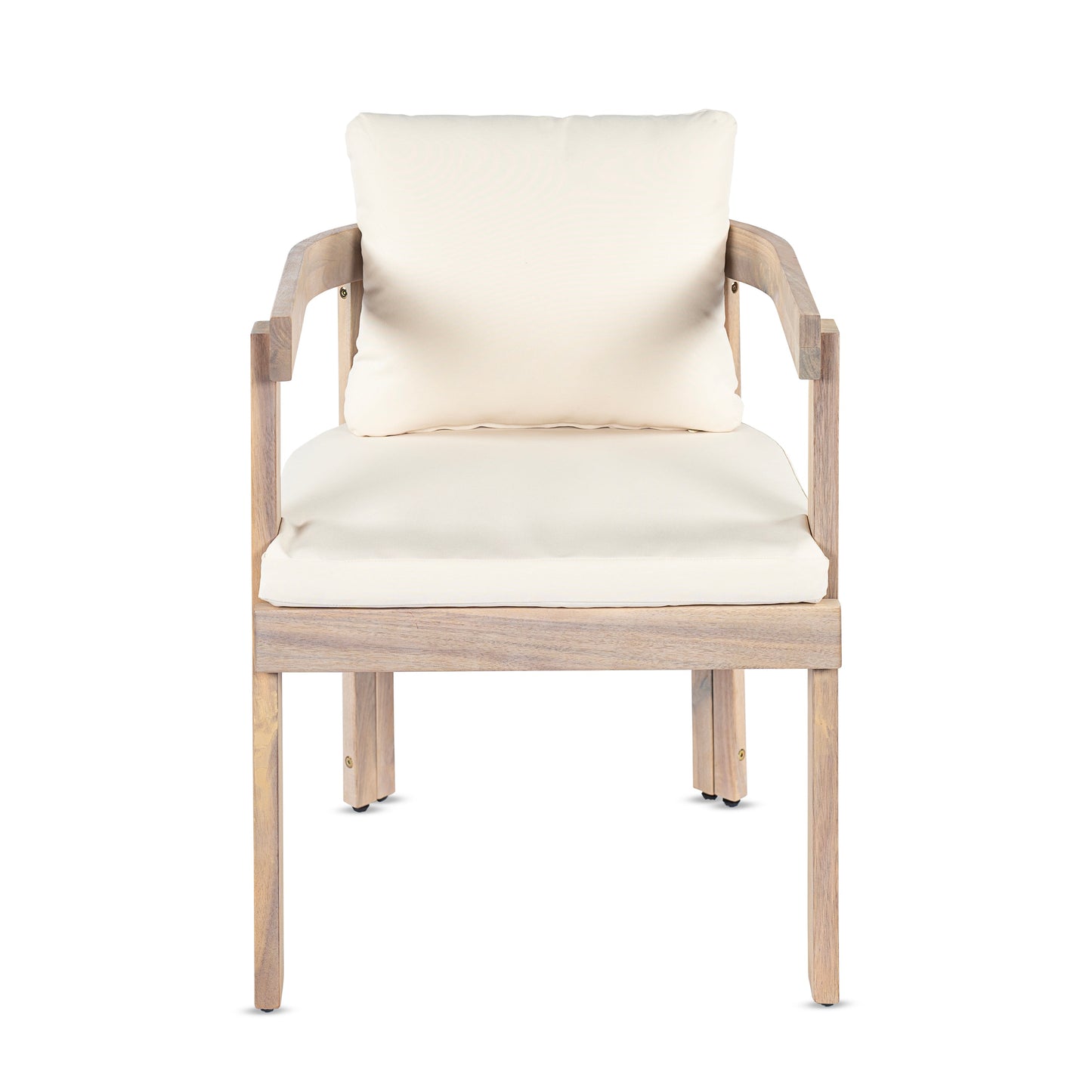 Acacia wood dining chair with beige cushion, armchair style on Tampa Home & Garden Store