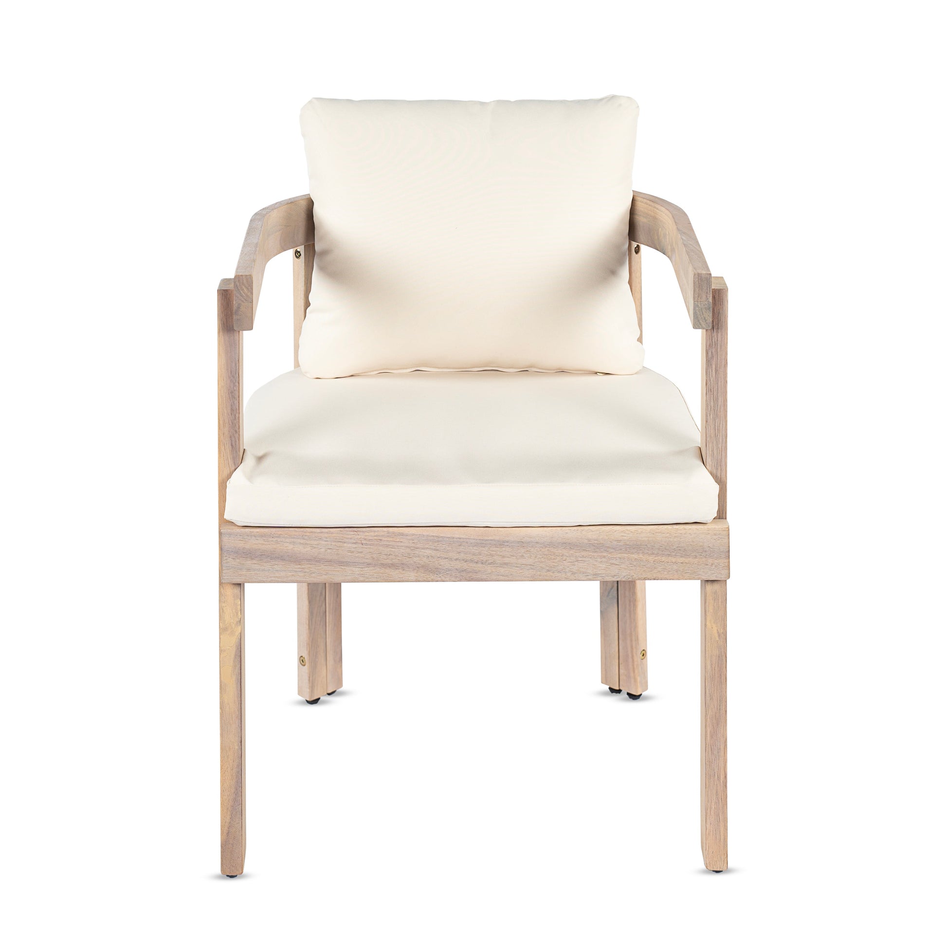 Acacia wood dining chair with beige cushion, armchair style on Tampa Home & Garden Store